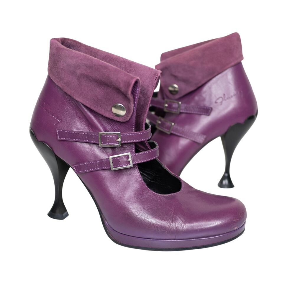 John Fluevog Listen Up Sienna Purple Leather Booties Angular Heel Fold Over 7.5